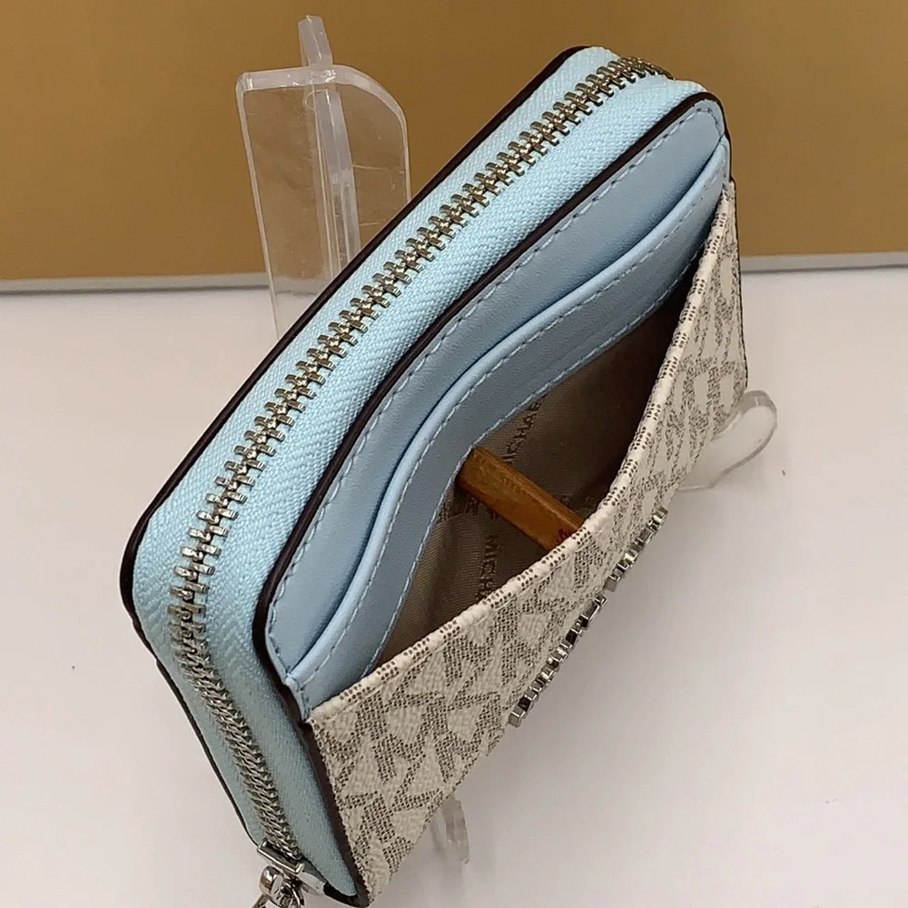 MICHAEL KORS MEDIUM ZIP AROUND CARD CASE VSTA BLUE MULTI SIGNATURE COLOR